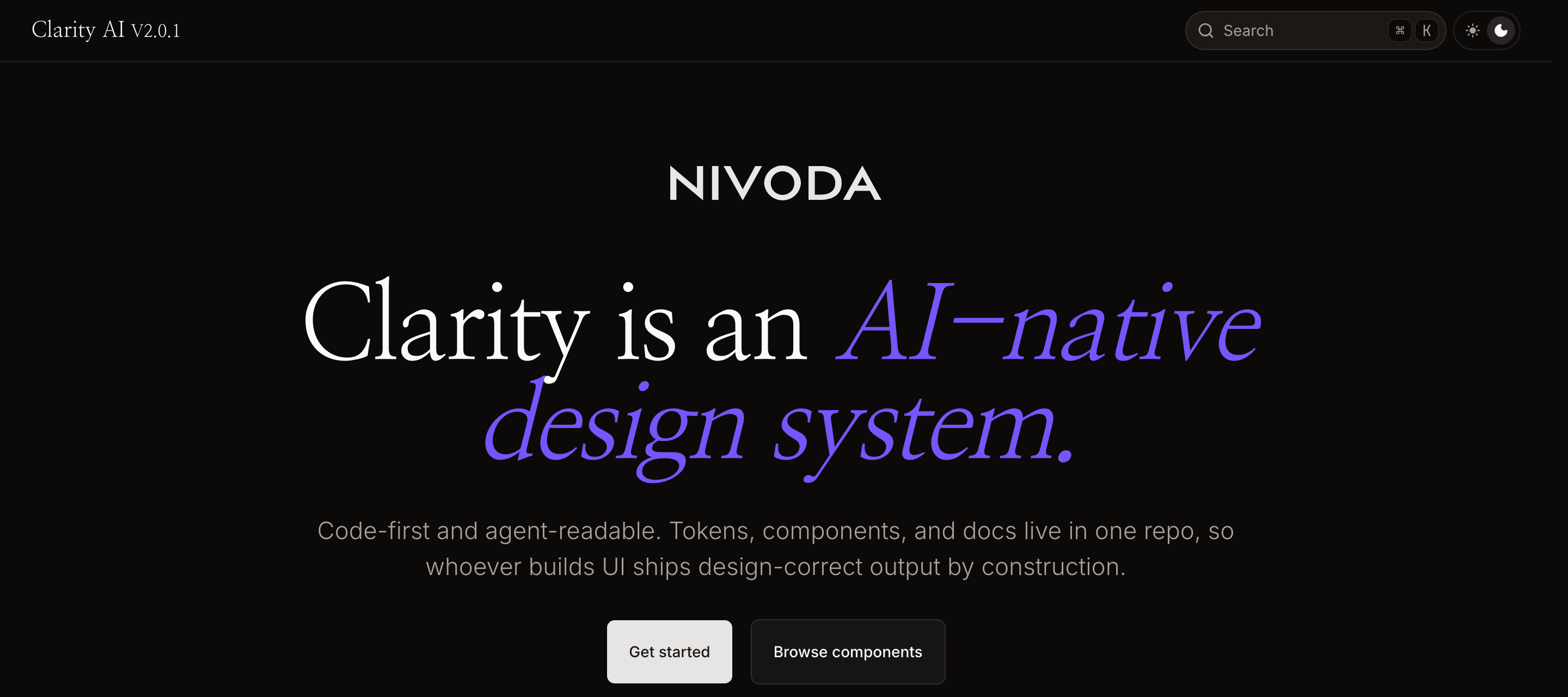 Home page of the Clarity design system — headline reads ‘Clarity is an AI-native design system’