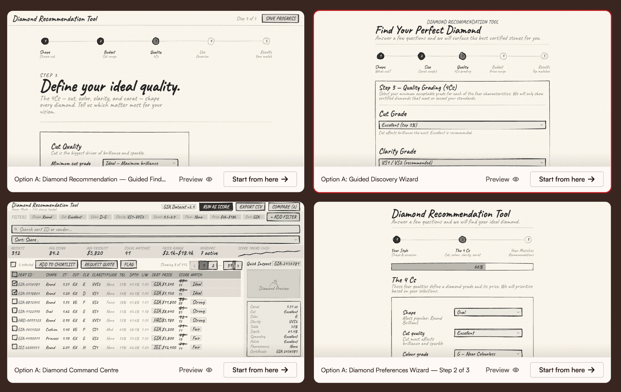 The Delible picker — four divergent, hand-drawn ‘Diamond Recommendation Tool’ sketches generated from one prompt, shown in a 2×2 grid to pick one to iterate